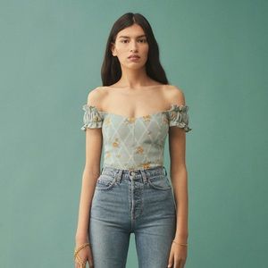 Reformation Alcove linen off shoulder top in Celia